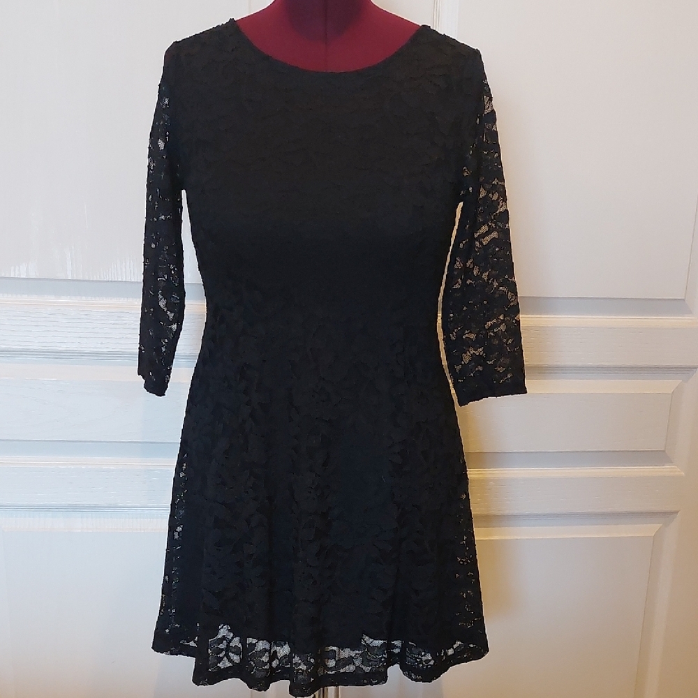 Black Fit and Flare Cocktail Dress with 3/4 Sleeves